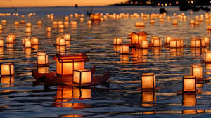 The evening of August 16th is the Festival of the Dead or Obon in Japan and each floating lantern represents a soul returning to the Other Side.