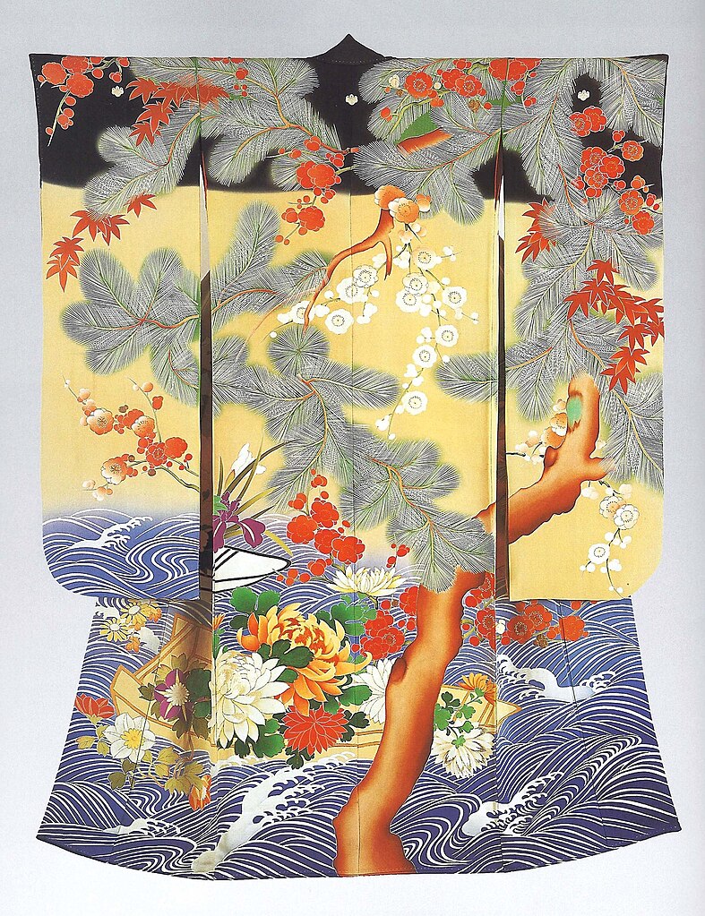 A kimono made with the deep yuzen dyeing technique.